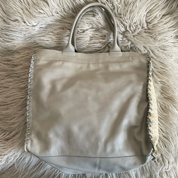 Let & Her Gray Leather Multicolor Snake Skin Side Whipstitch Large Tote Bag EUC - Picture 2 of 8